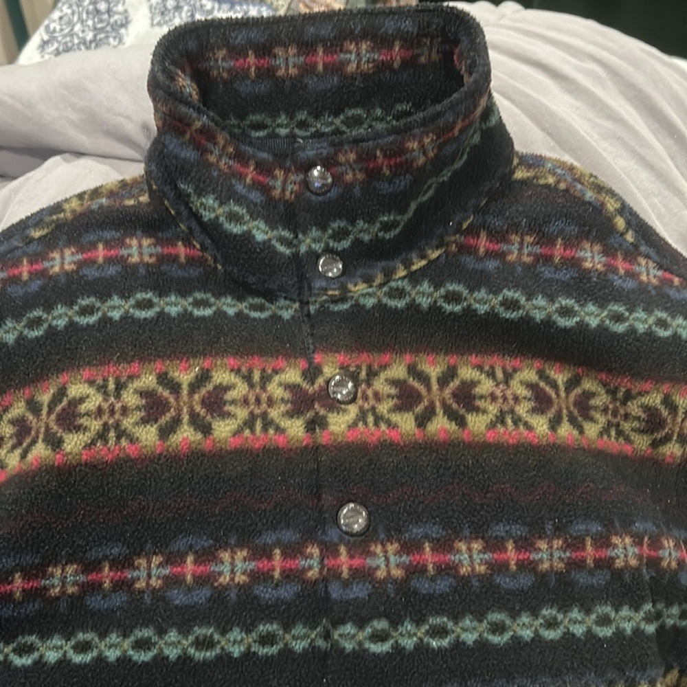 Polo Ralph Lauren Y2K Fair Isle pattern fleece three-quarter closure.